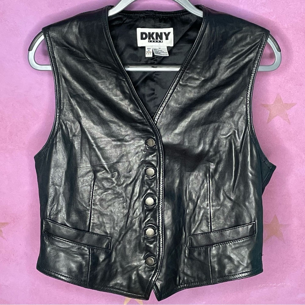 DKNY Jeans New Vintage 90s Y2K Leather Vest Black Size Medium Grunge Rock